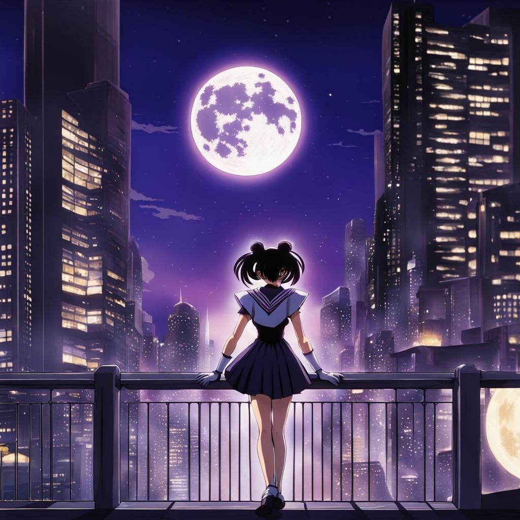 Sailor Saturn Nighttime Cityscape Digital Art
