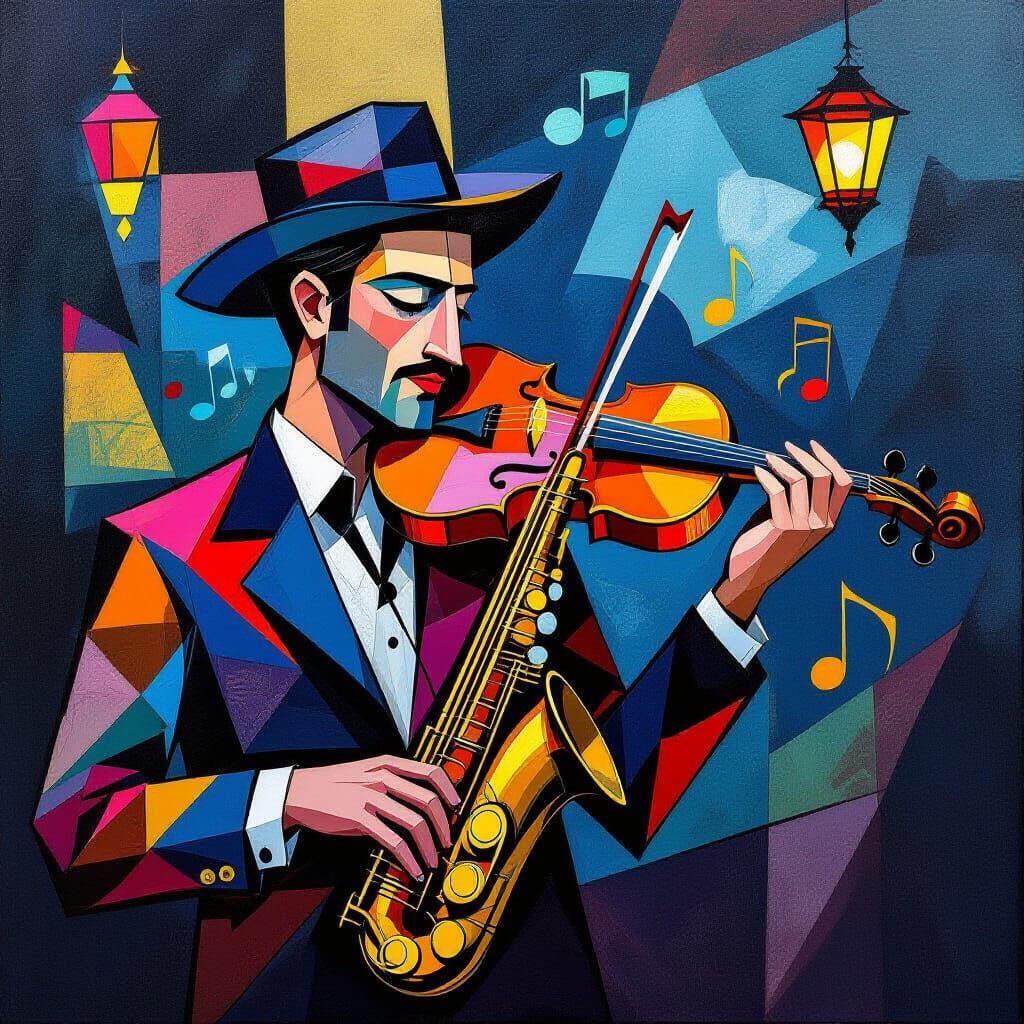 Musicians in Áo Dài in Cubist Abstract Style