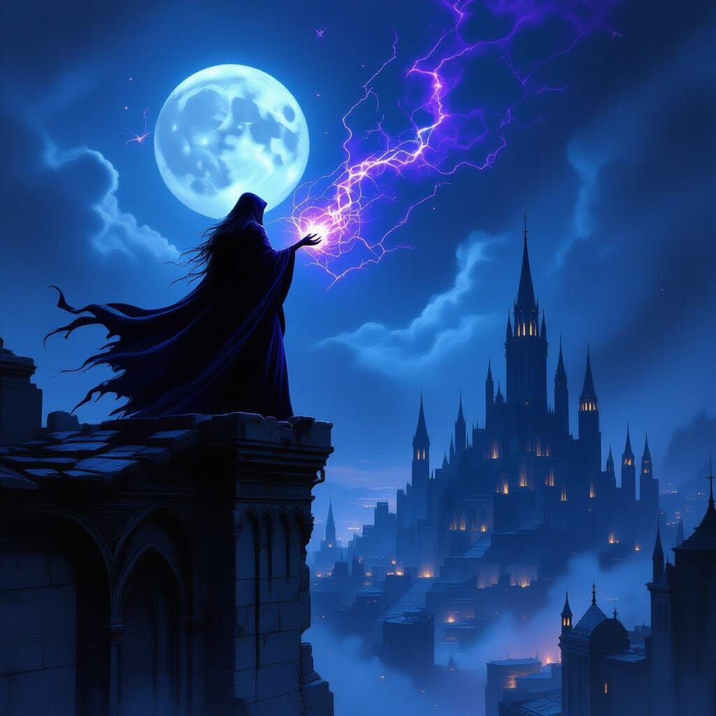 Sorceress on Gothic Tower, Arcane Energy Over Moonlit City