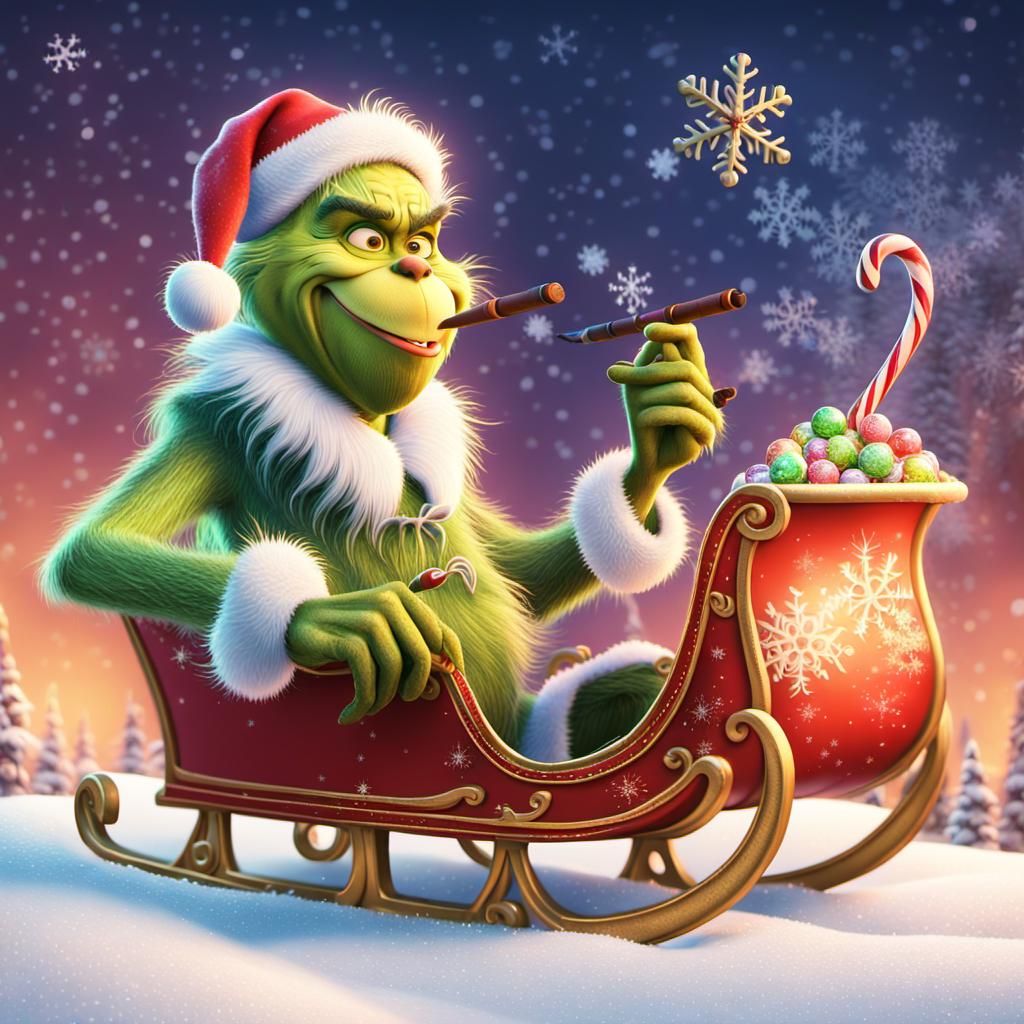 Cute Grinch Smokes Candy Cane Cigar: Pixar-Inspired 3D Art