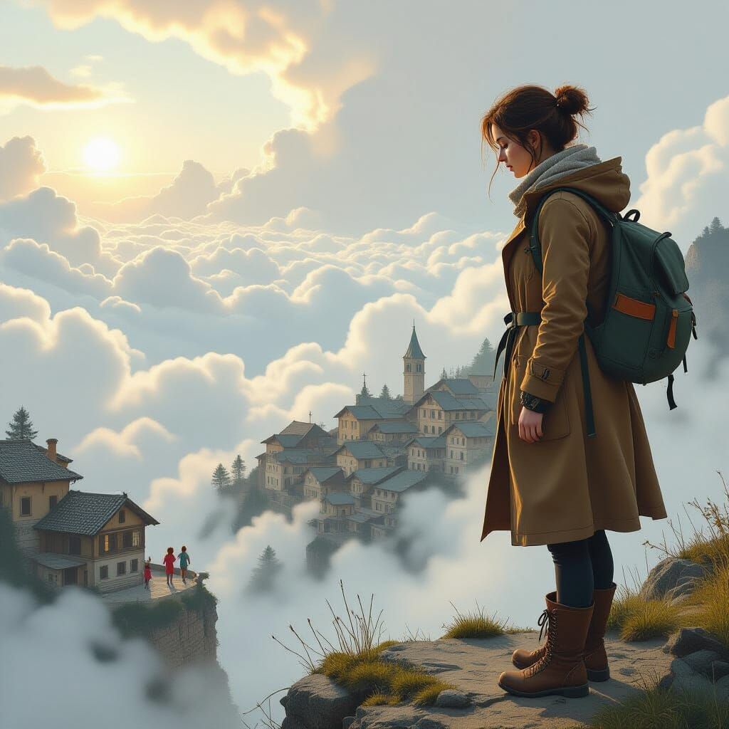 Woman Gazes at Village Beyond the Apocalypse