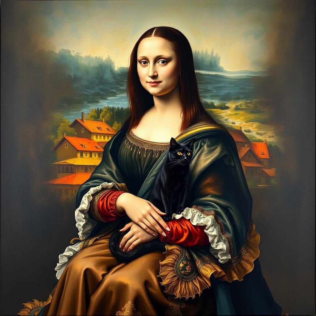 Mona Lisa with Black Cat in Impressionist Style