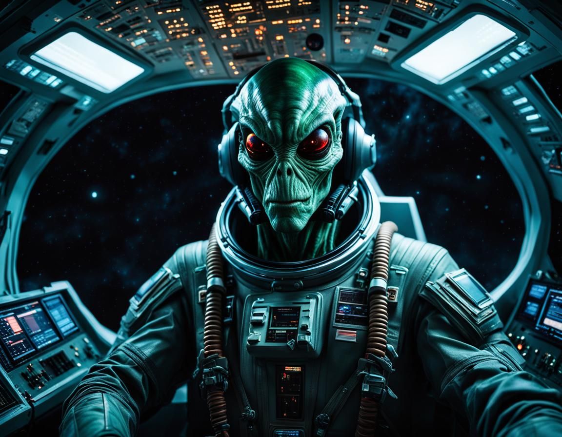 Alien Pilot Flying Spaceship in Analog Style