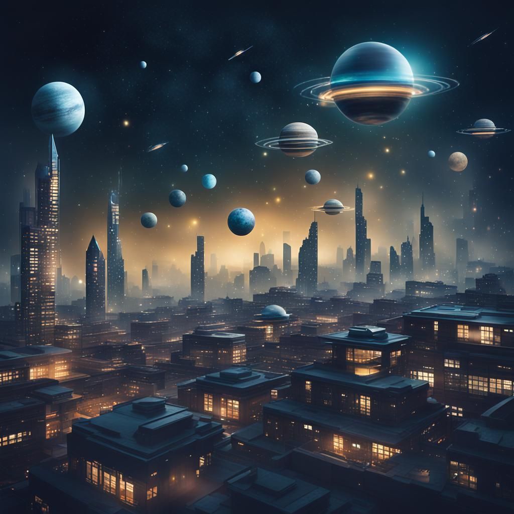 Futuristic Flying Cityscape at Night: Professional Photograp...