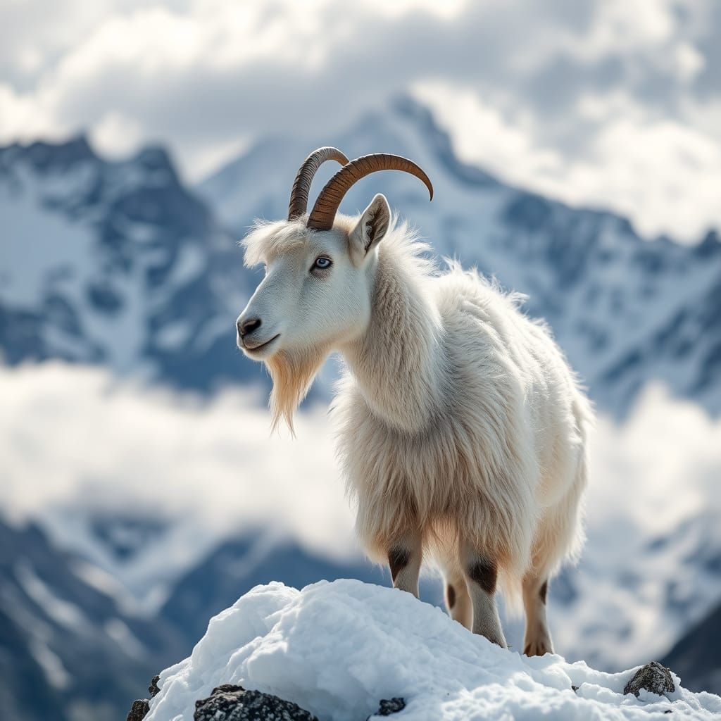 Mountain Goat on Snowy Peak in Natural Light
