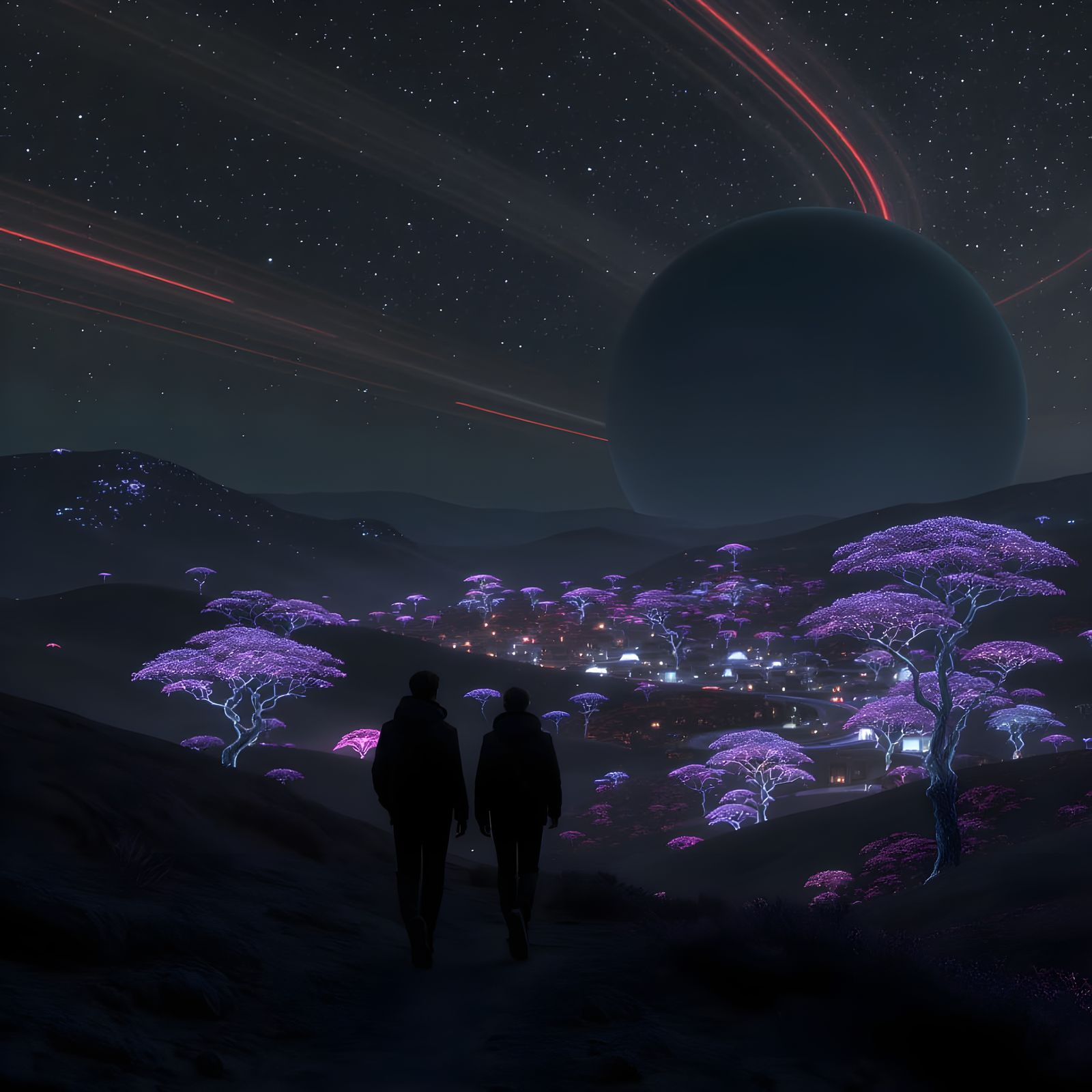 Teen Boys Marvel at Alien Bioluminescent Village Under Rings