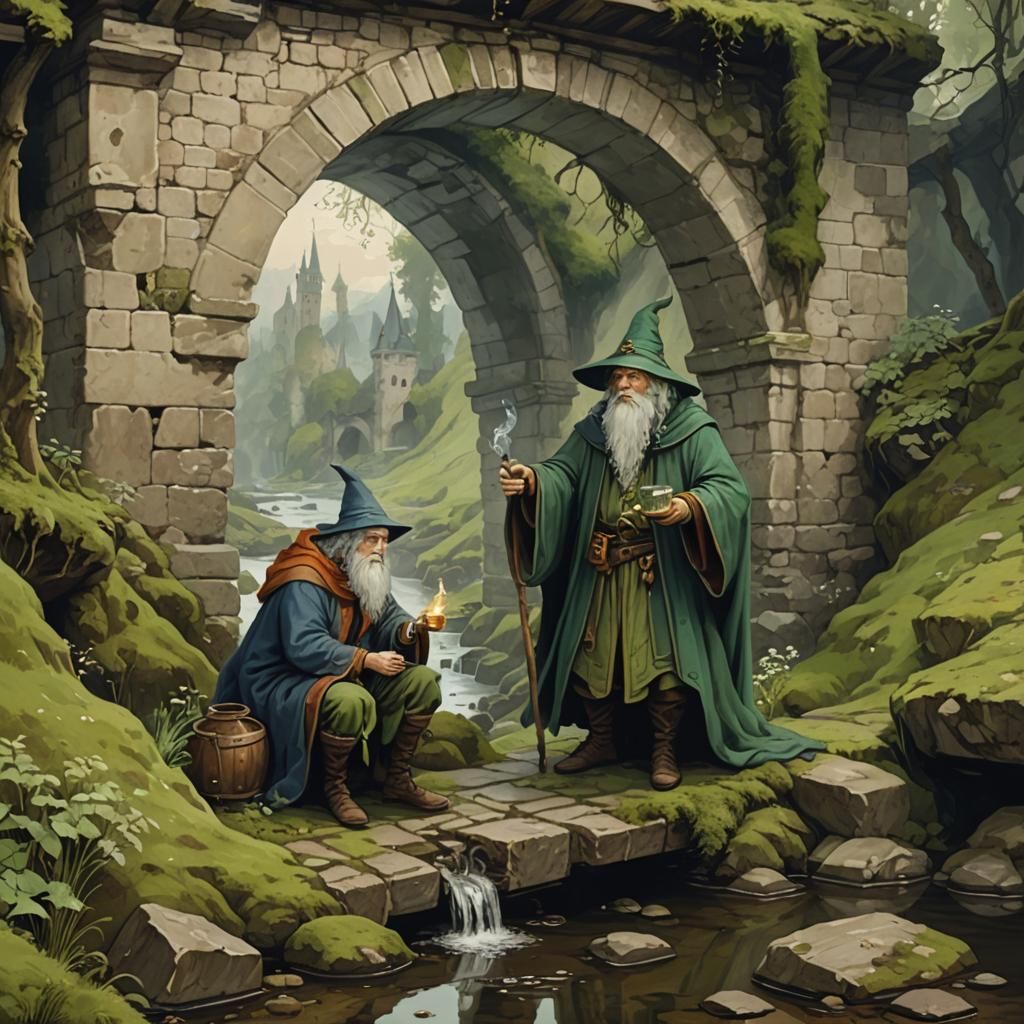 Wizard Drinks Potion Under Bridge: Medieval Painting
