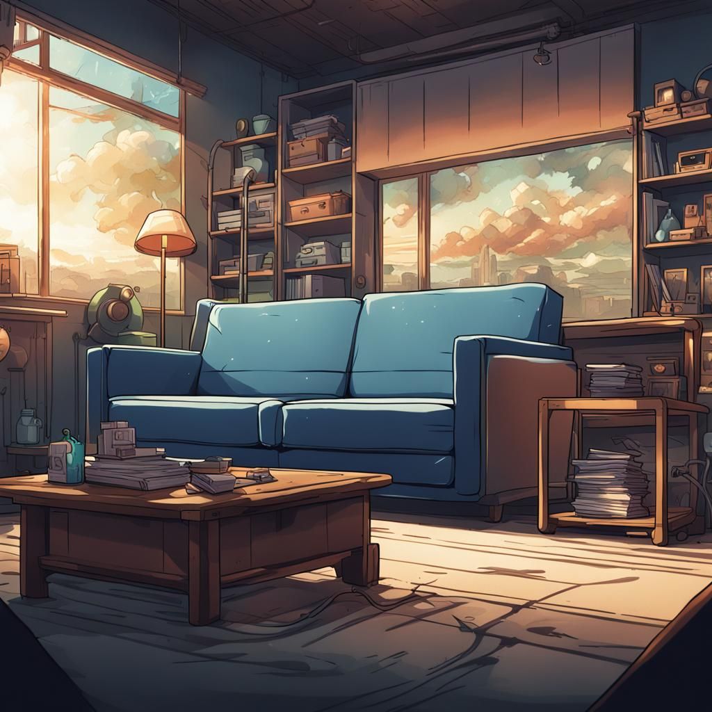 Vending Machine Beside Sofa in Anime Style