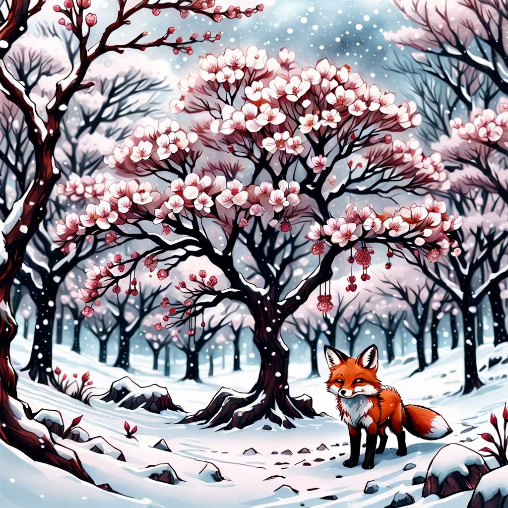Chibi Fox in Snowy Cherry Blossom Scene