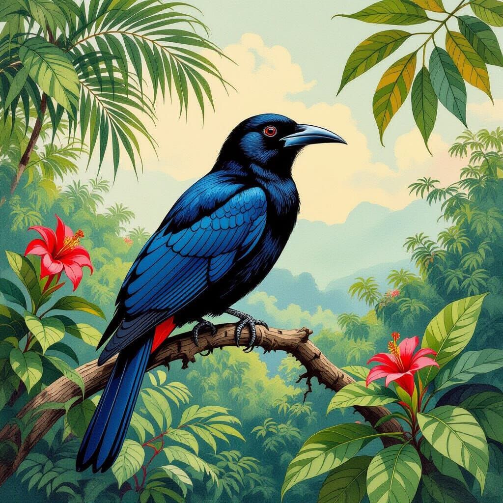 Montezuma Oropendola in Pen, Ink, and Watercolor Style