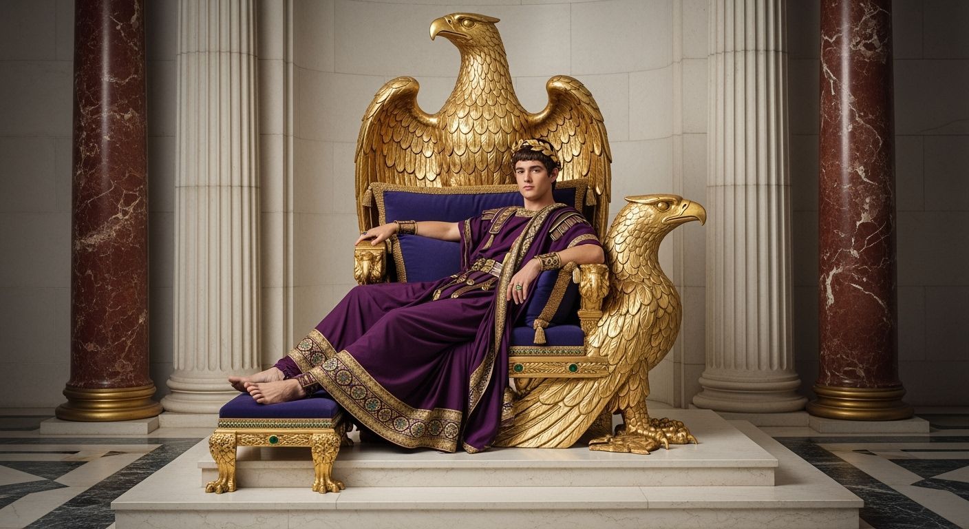 Emperor Nero on Eagle Throne in Opulent Palace