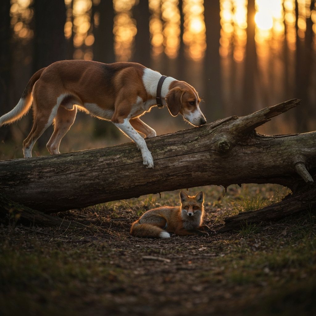 Foxhound and Fox in Sunset Woods