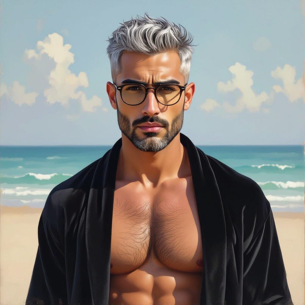 Wrathful Hunk on Beach, Impasto Oil Painting Style