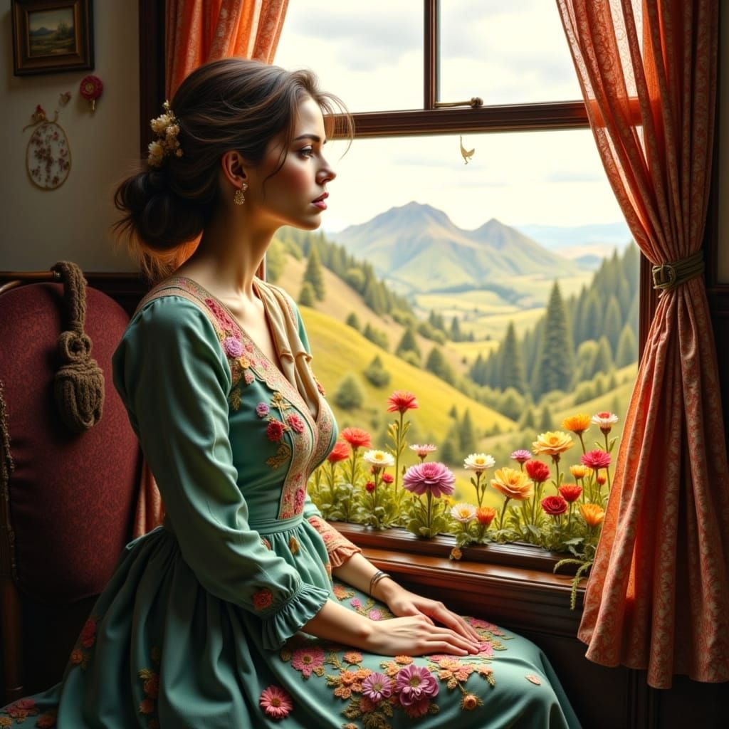 Woman Gazes Out Train Window in Quilling Style