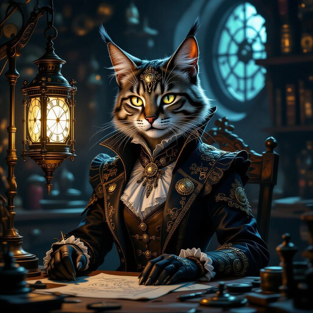 Steampunk Tabaxi Warlock in Dimly Lit Workshop