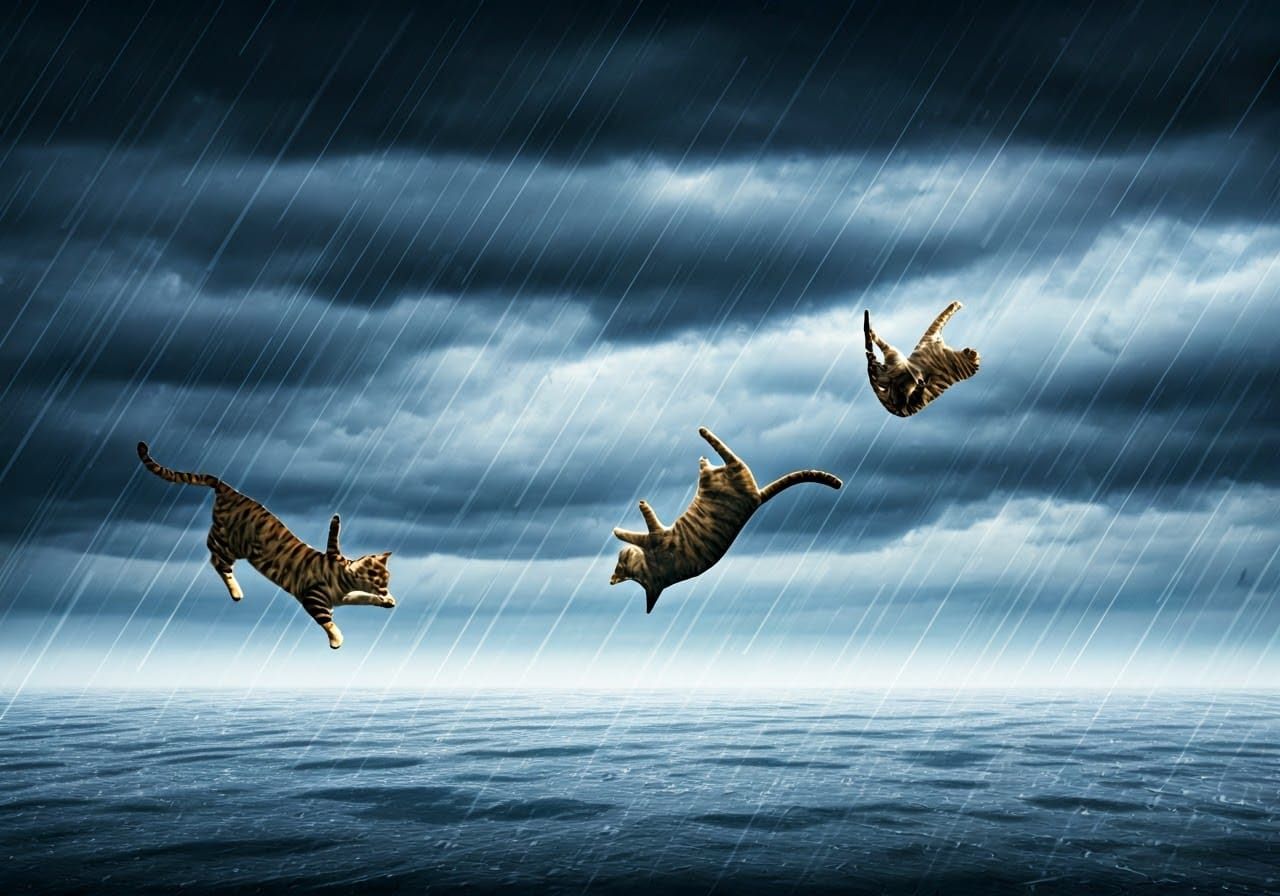 Whimsical Rainy Day Scene with Animals Falling from the Sky