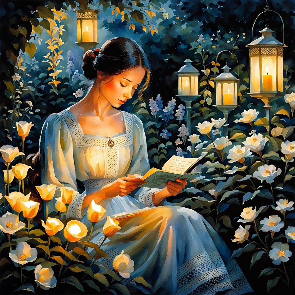 Girl Reads Letter in Lush Garden, Watercolor Style