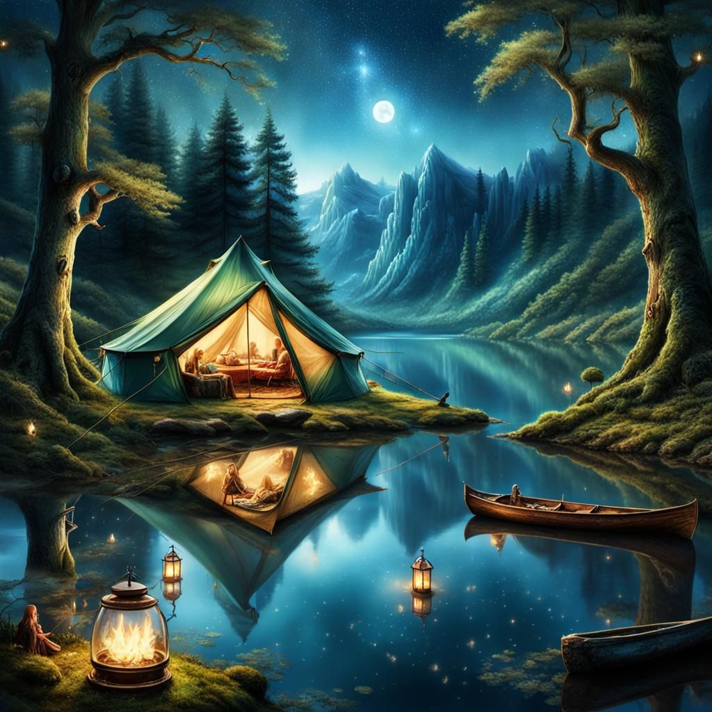 Mystical Elven Camping Scene at Night