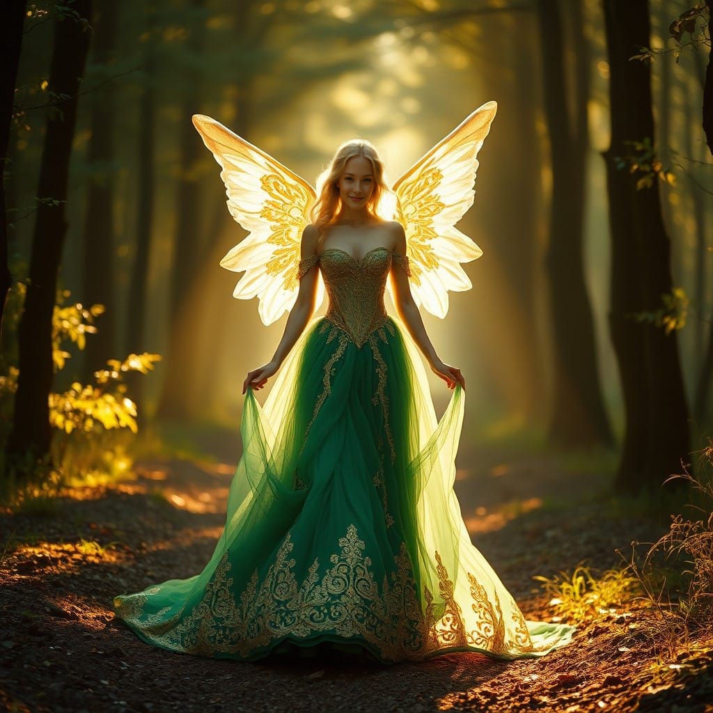 Golden Angel Walking in a Forest of Light