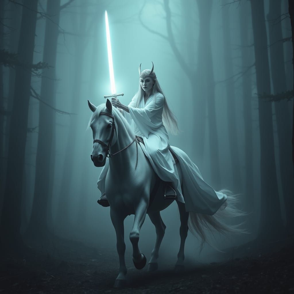 Ethereal Elven Queen in Foggy Forest with Glowing Sword