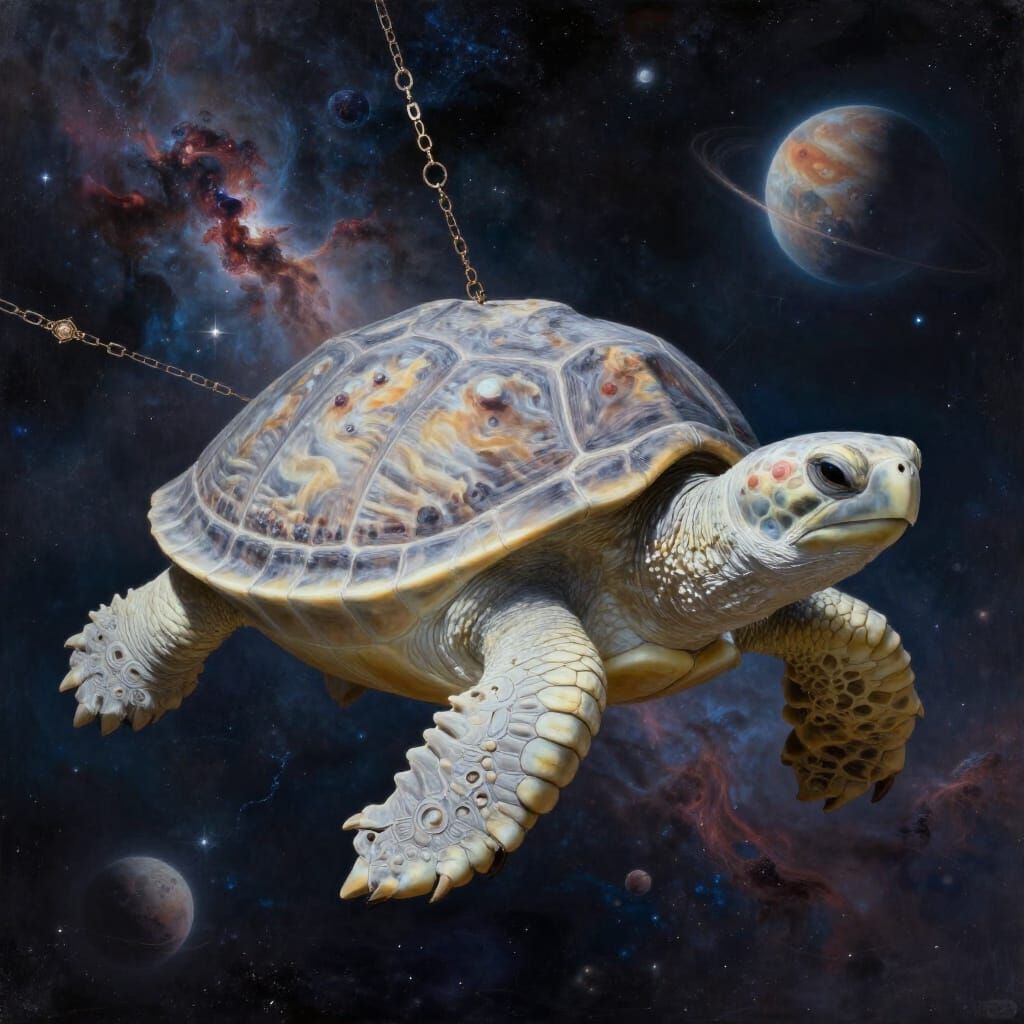 Cosmic Turtle Carrying Dead Planets Through Nebula