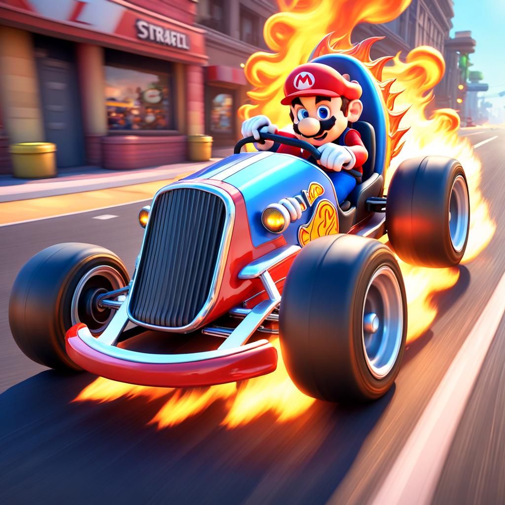 Mario in helmet kart hot rod ,hot rod doing wheelie and flames left on road from the big back tires,sharp imagery ,1000...