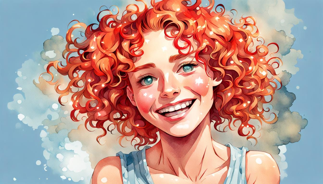 Smiling Woman with Red Hair, Digital Watercolor Portrait