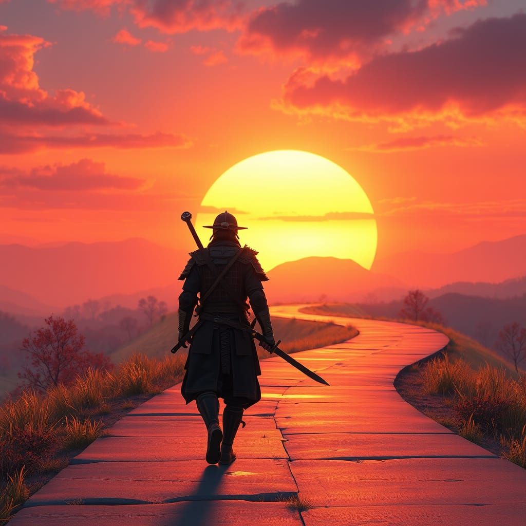 Samurai Wanderer Walks a Sunset Path in Fantasy Concept Art ...