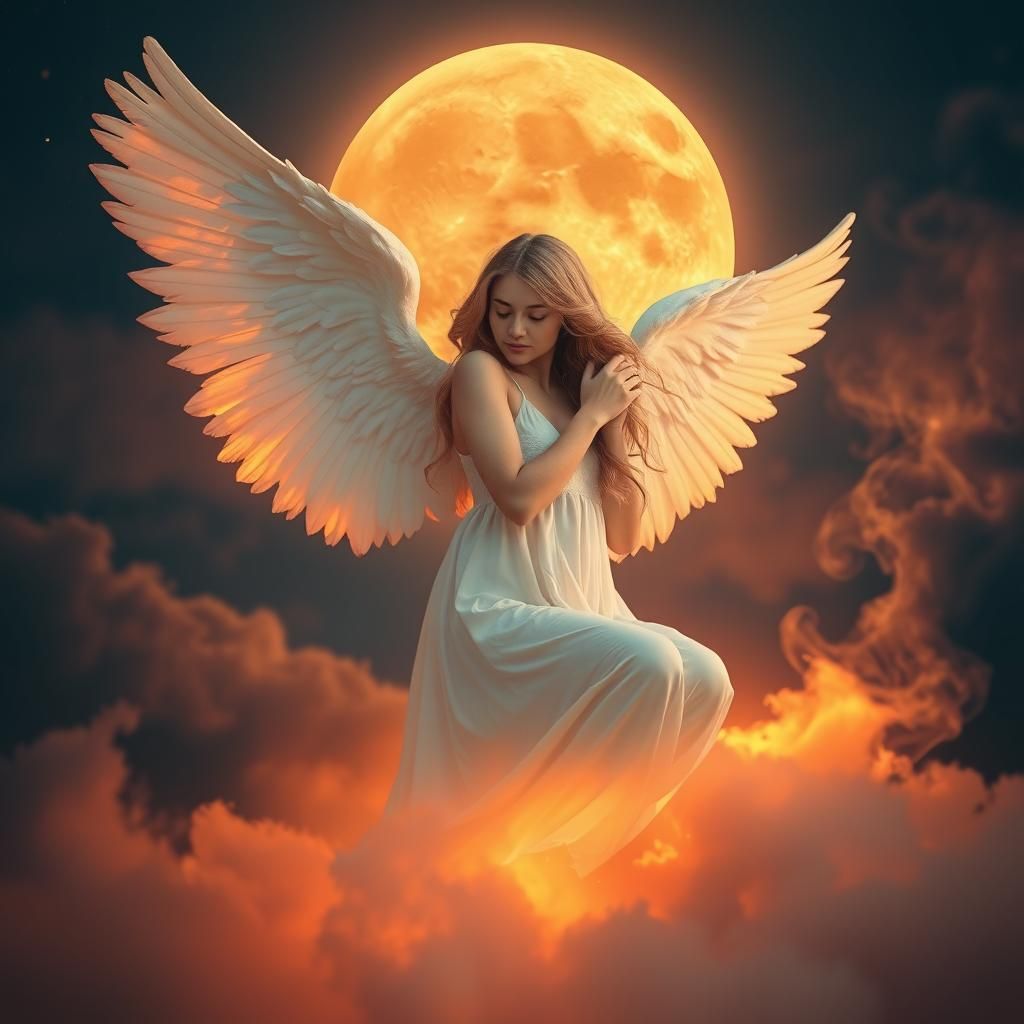 Golden Haired Angel on Cloud with Moon