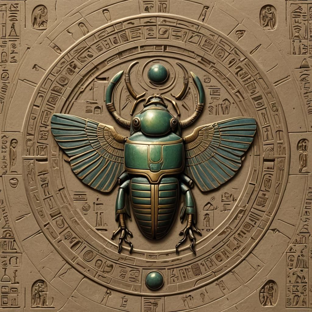 Galactic Scarab and Sphinx with Hieroglyphs