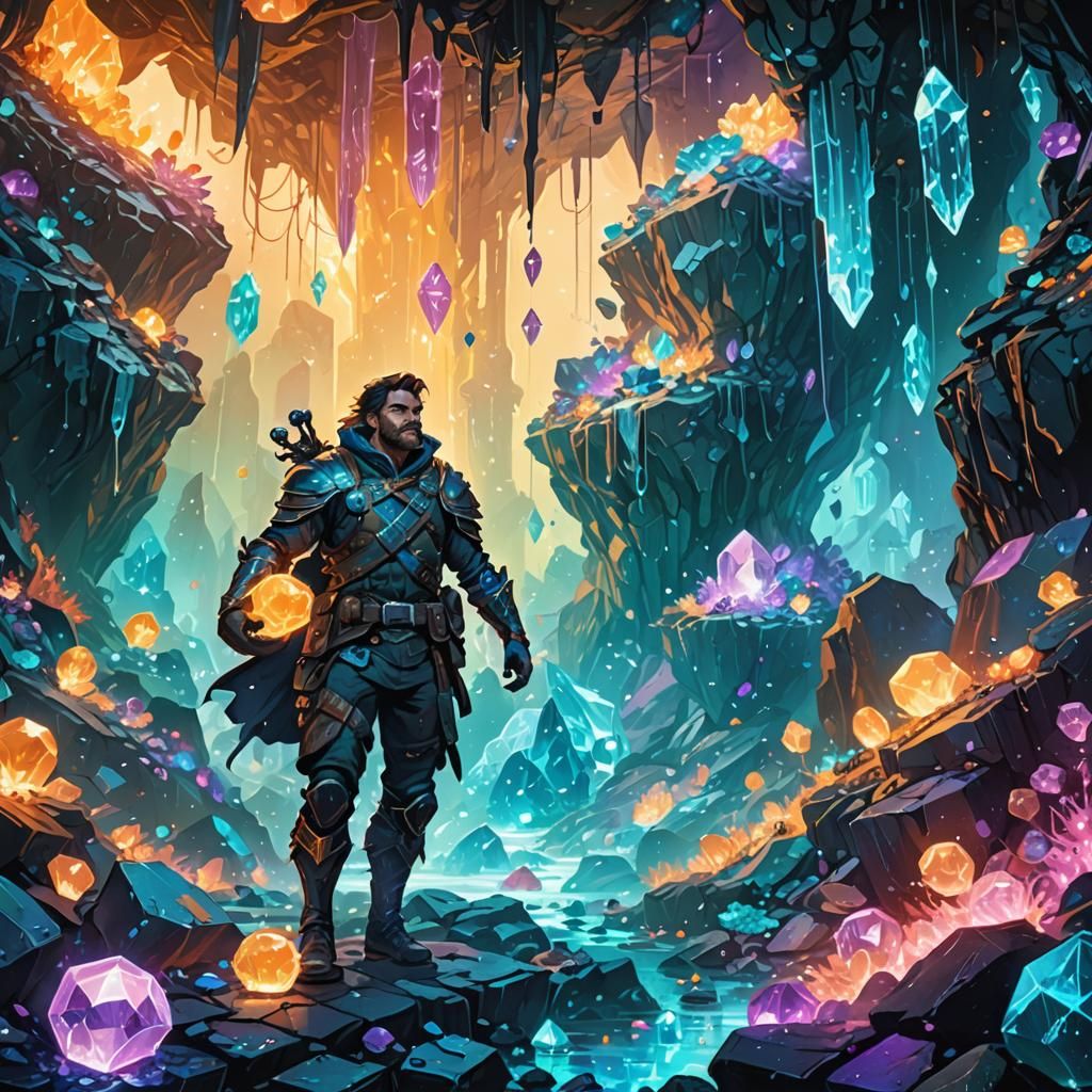 Heroic Adventurer in Bioluminescent Crystal Cavern