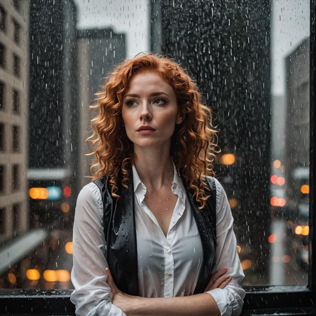 Contemplative Redhead Gazing at Rain: Digital Art