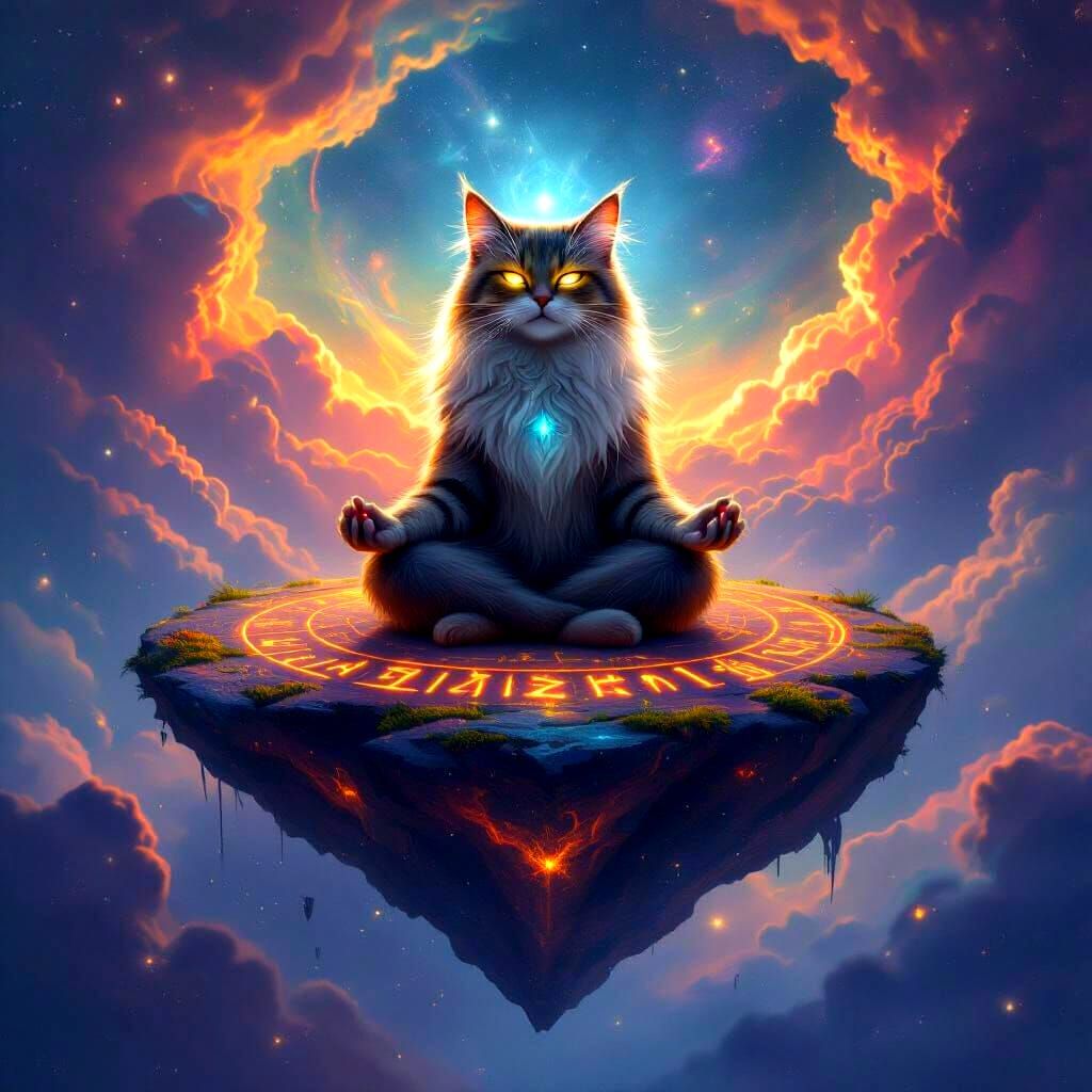Wise Cat Meditating on Cosmic Island in Nebula