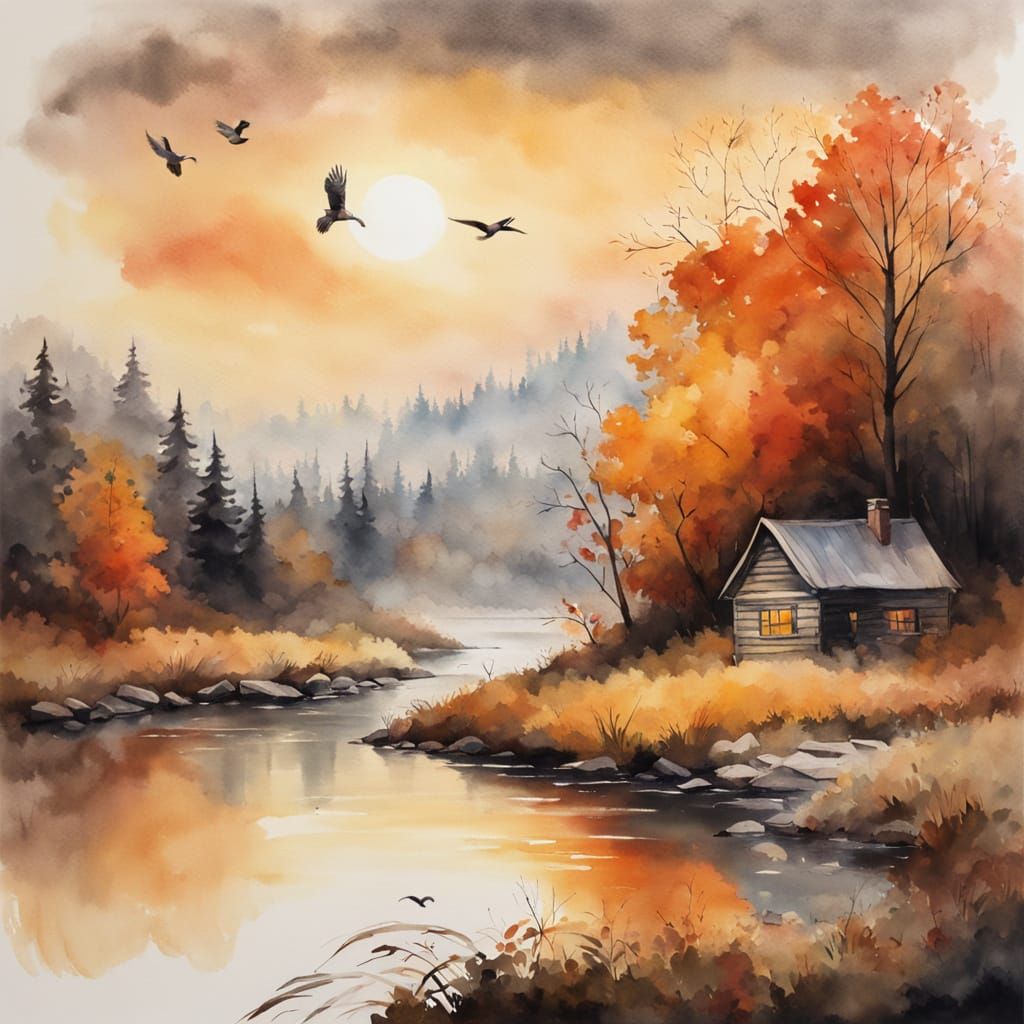 Autumn Forest Stream at Sunset Watercolor Painting