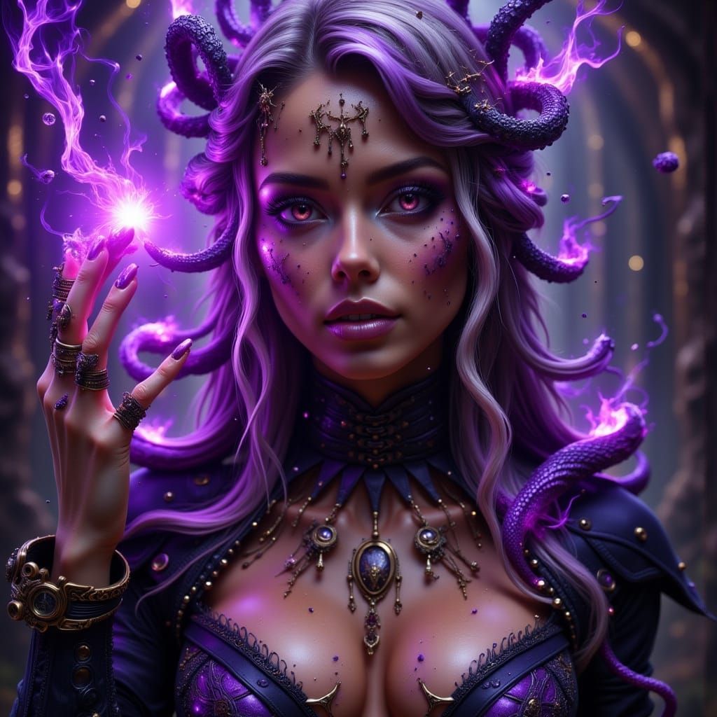 Surreal Cyberpunk Goddess with Violet Flames and Ethereal Gl...