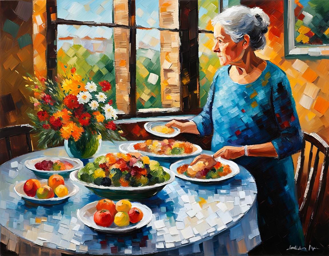 Grandmother Setting Dinner Table in Impasto Acrylic Painting