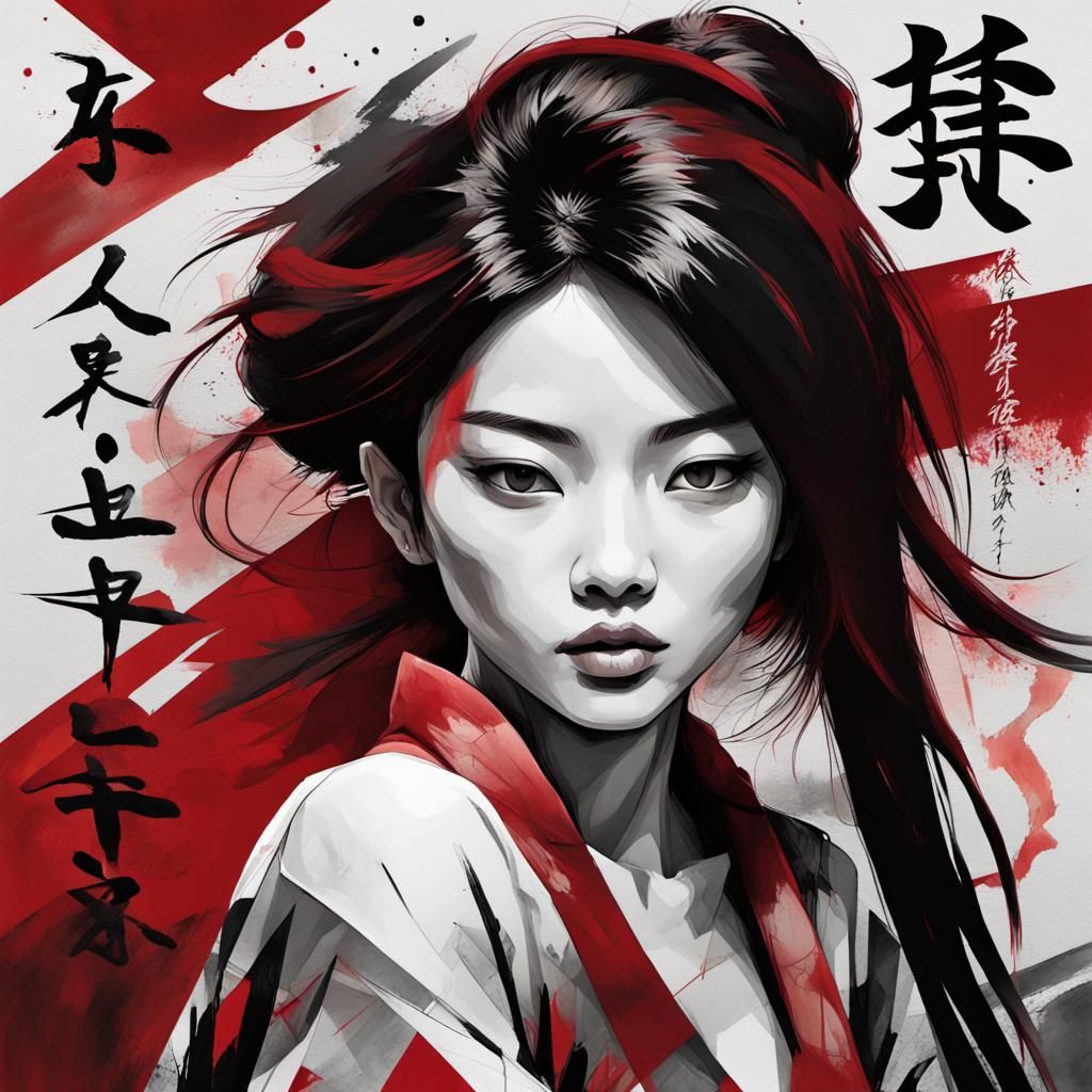 Striking Asian Woman Portrait in Mixed Media Style