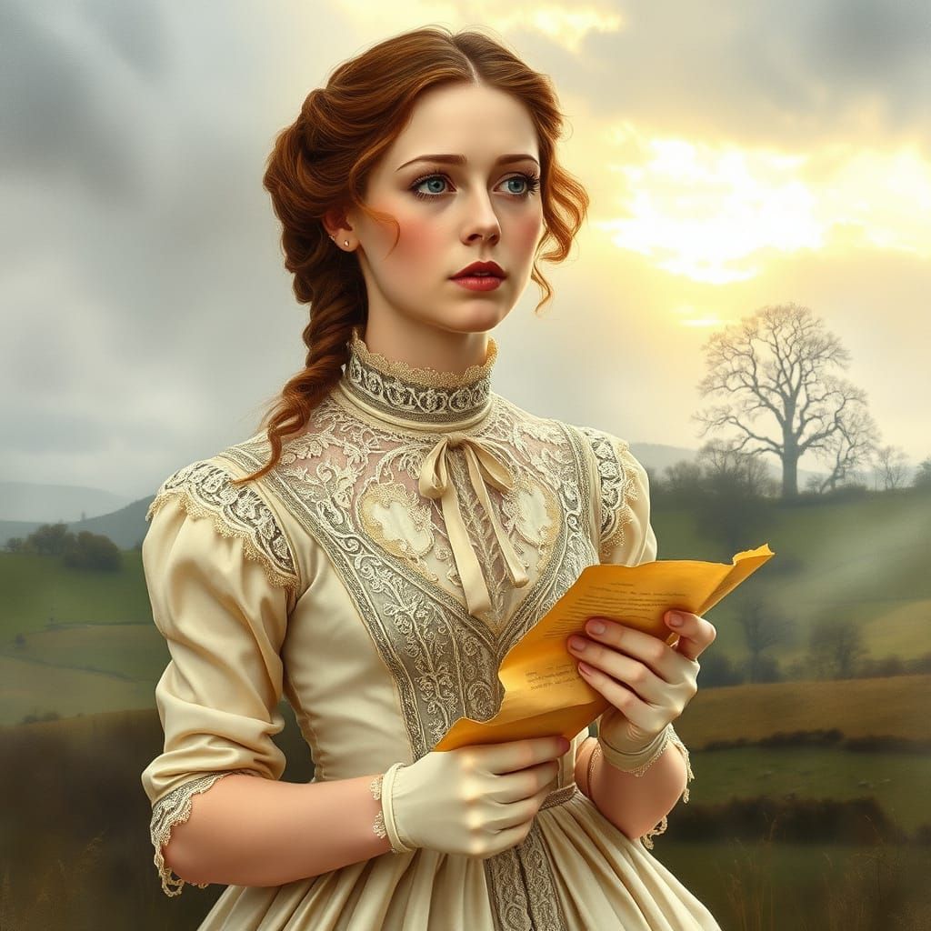 Young Regency Woman Contemplates Turbulent Past in Dawn Mist