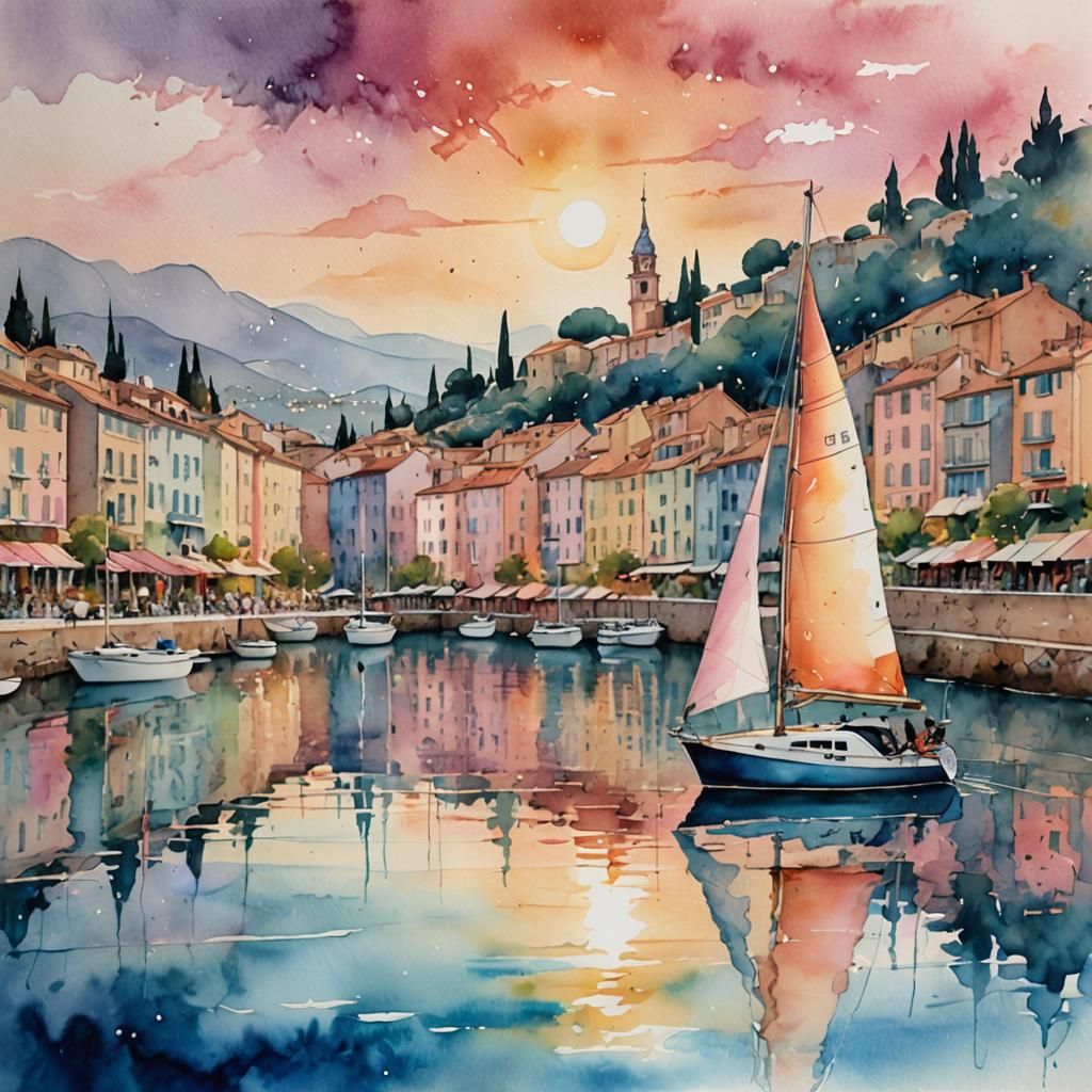 French Riviera Sailboat in Dreamy Watercolor Art
