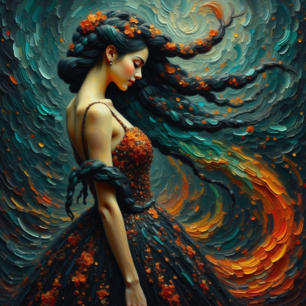 Elegant Woman with Teal and Orange Braids in Fantasy Style
