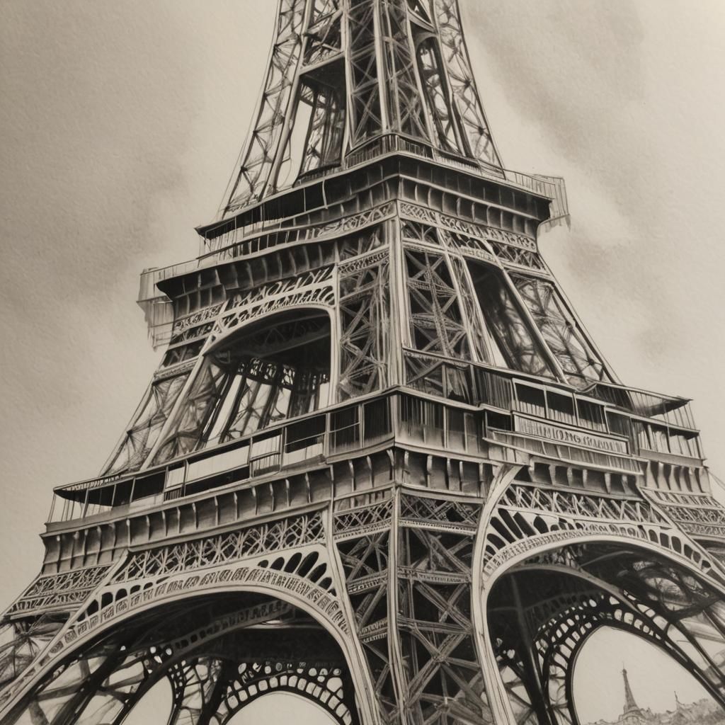 Eiffel Tower Close-up in Pencil Sketch Style
