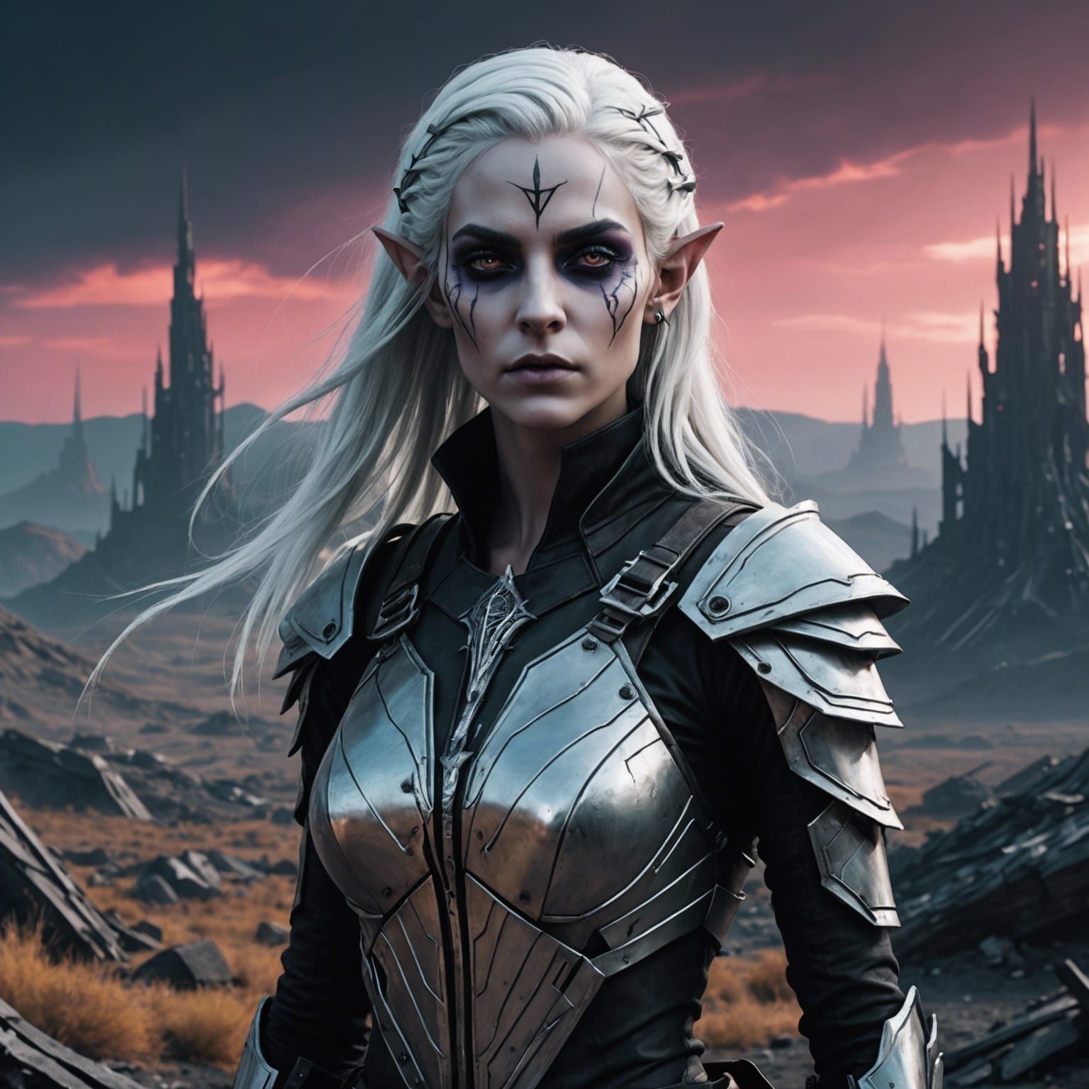 Dystopian Dark Elf in Aetherpunk Glitchcore Style