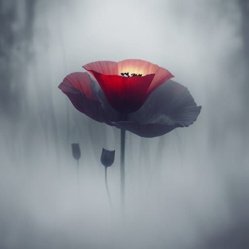 Ethereal Ghost Amidst Crimson Blooms in Dark Mystical Forest