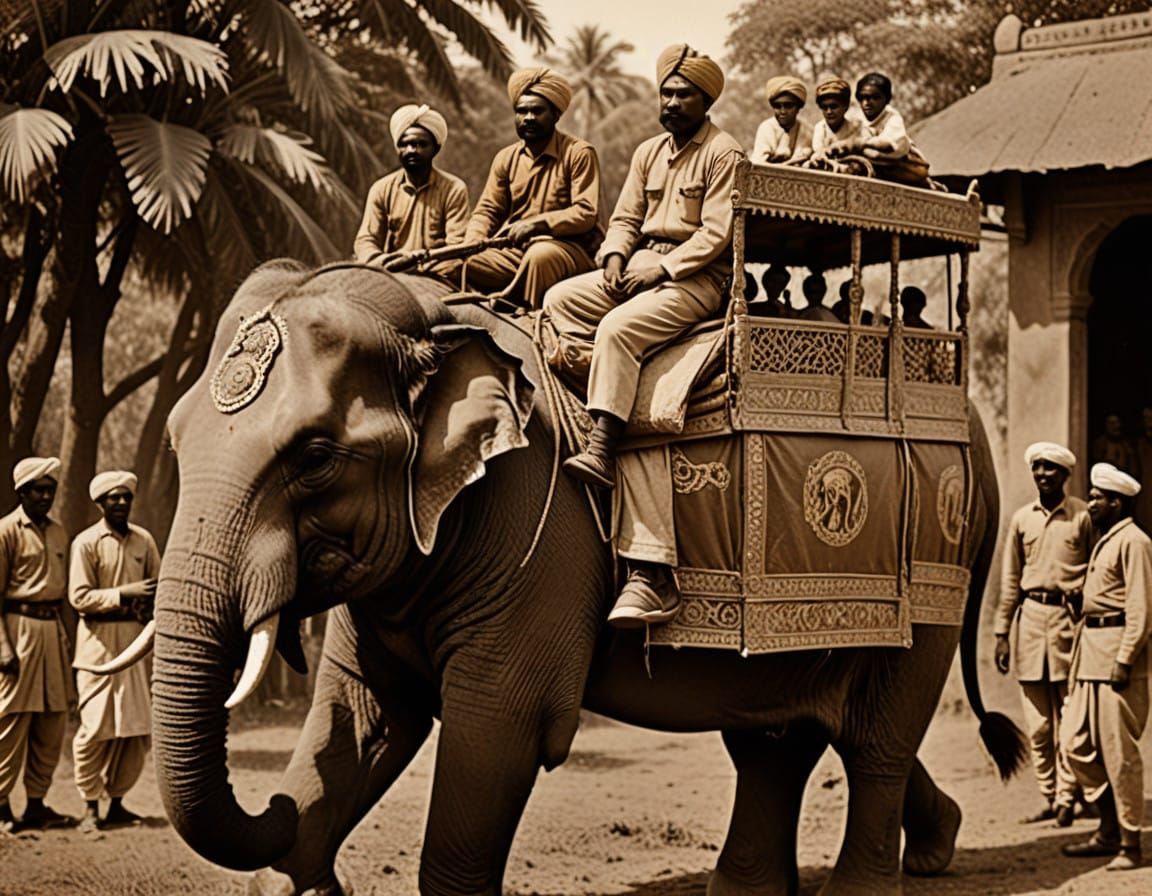 Vintage Tiger Hunt from Indian Palanquin Elephant