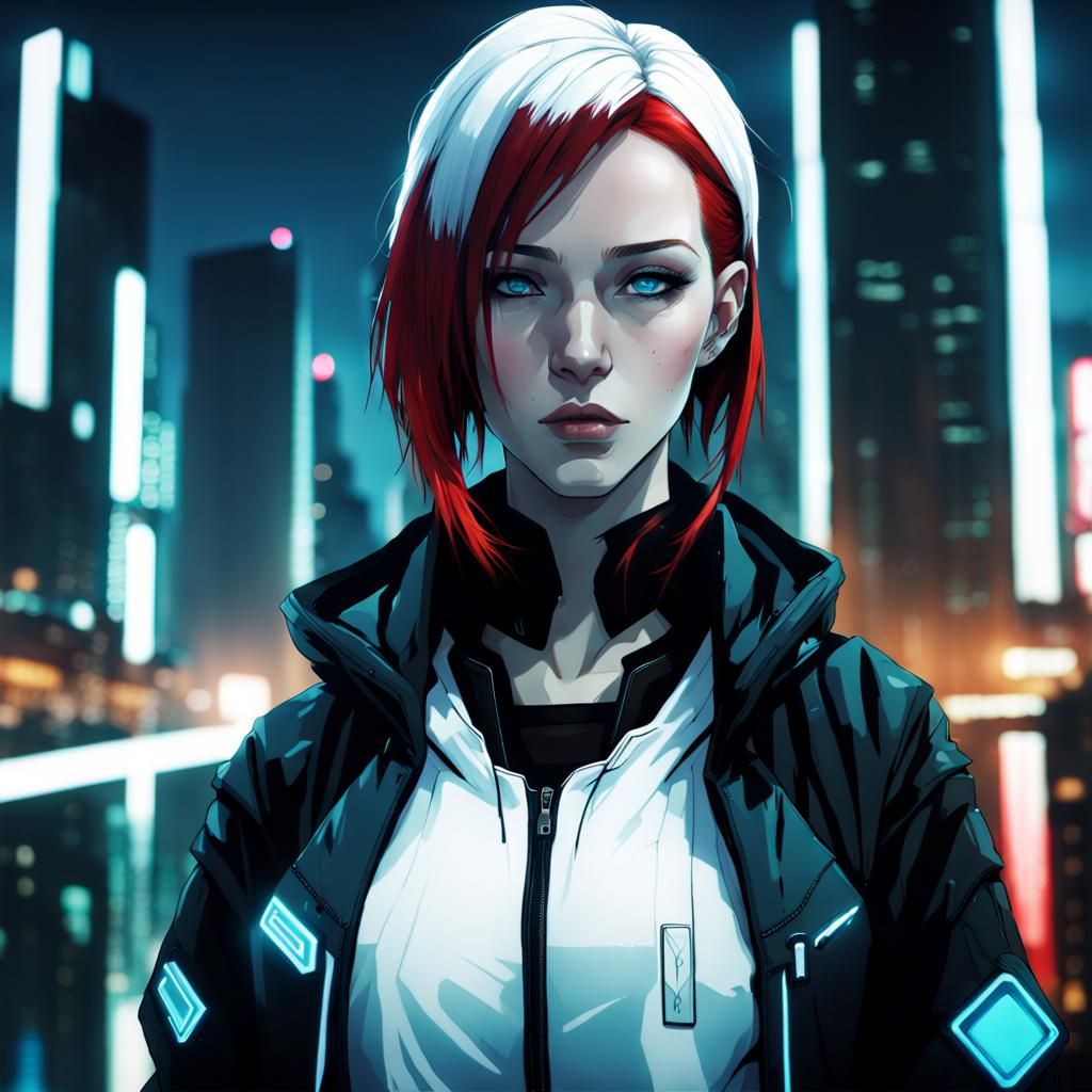 Cyberpunk Woman with Red and White Hair