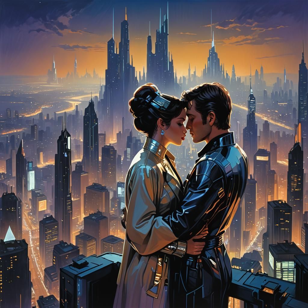 Prince and Princess Kiss Under Cyberpunk City Lights