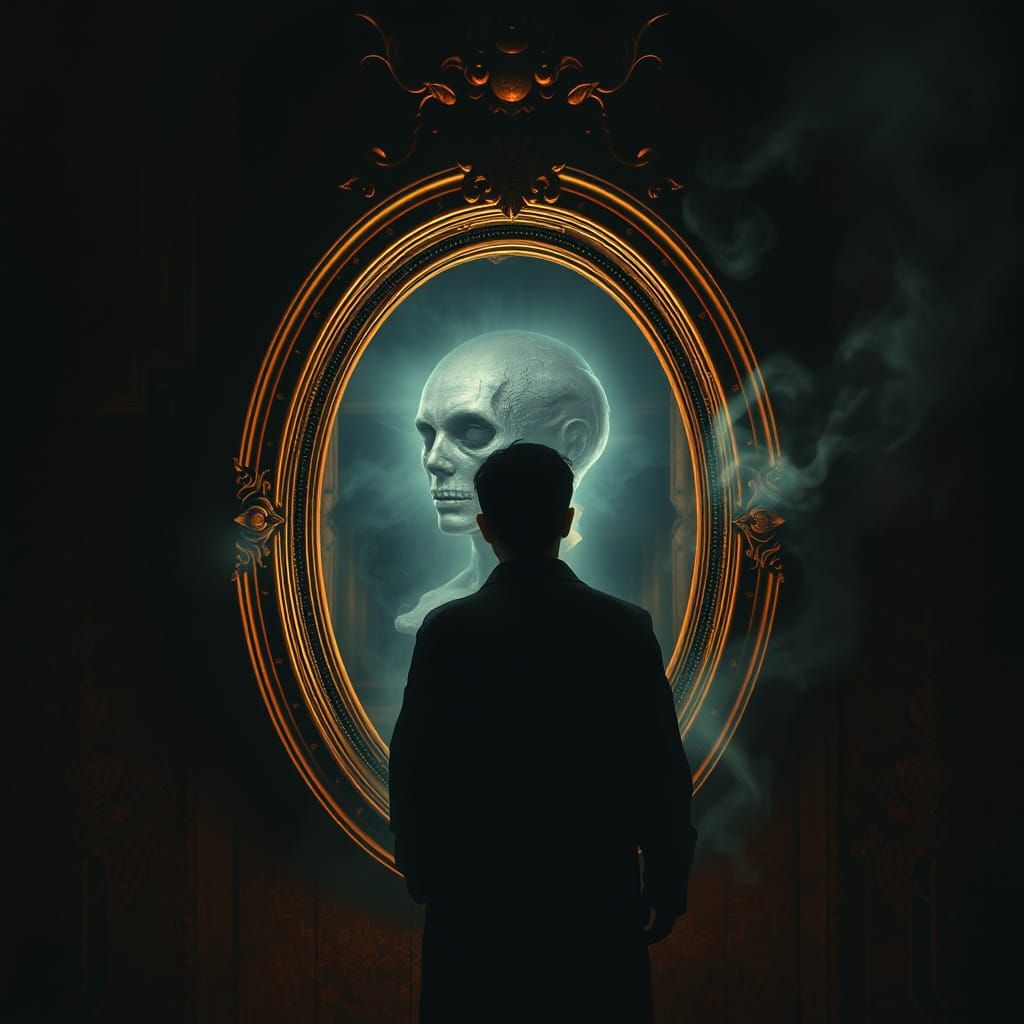 Mystical Man Gazing into Mirror Revealing Dimension