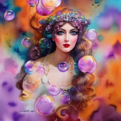 Feisty Woman with Bubbles: Watercolor and Alcohol Ink