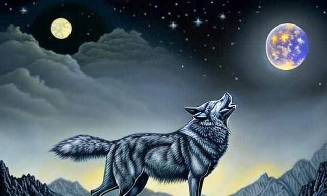 Grey Wolf Howling at Moonlit Sky