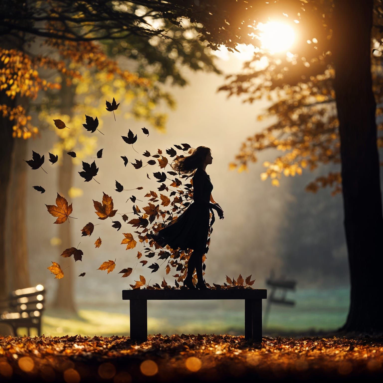 Autumn Leaves Form the Silhouette of a Woman in Professional...